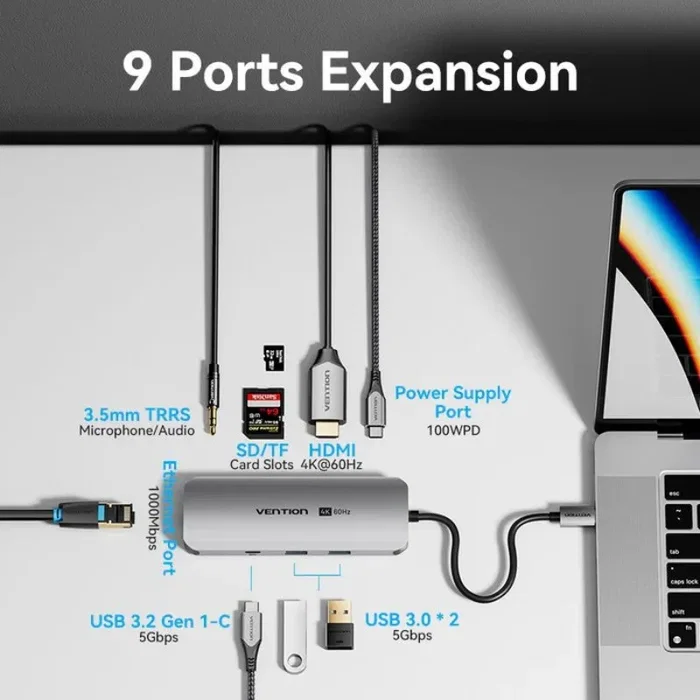 Vention TQMHB Docking Station 9 en 1 con HDMI 4K, USB-C PD y RJ45, Gris